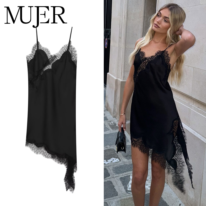 MUJER 2025 dentelle robe femme noir dos nu robes courtes pour les femmes asymétrique fête femmes robe d'été Satin robes Sexy