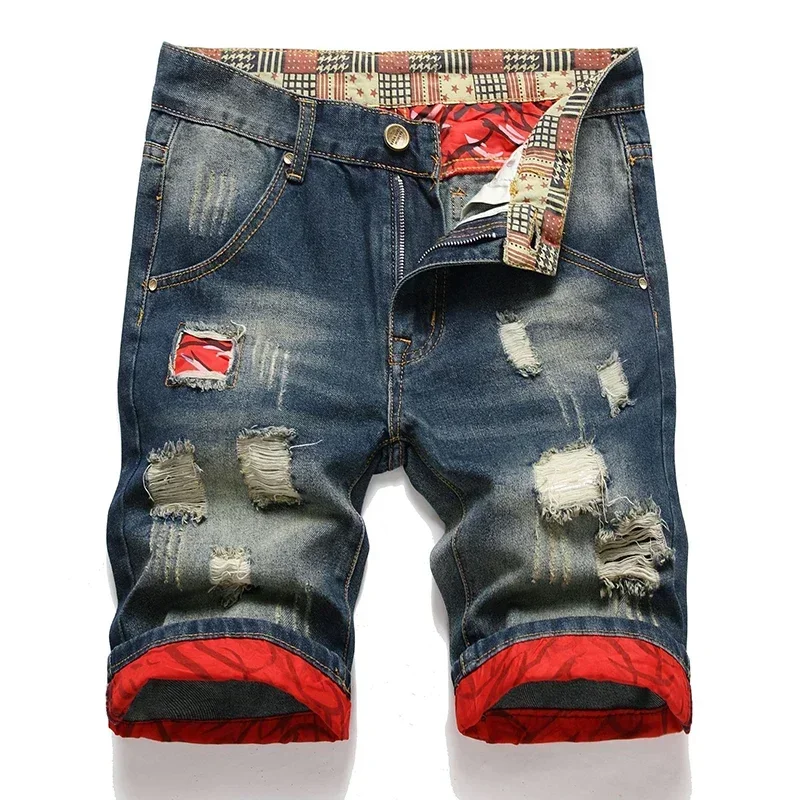 Nieuwe zomer vintage gewassen heren denim shorts casual mode street wear gescheurd gat patches noodlijdende mannelijke rechte jeans shorts