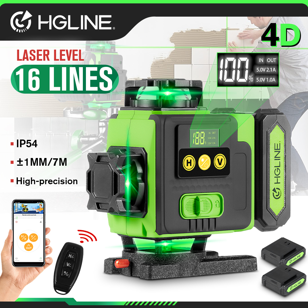Лазерный уровень HGLINE 4D, 16 линий, поворотный, перезаряжаемый, автоматический, 360°, зеленый, с дистанционным управлением через приложение