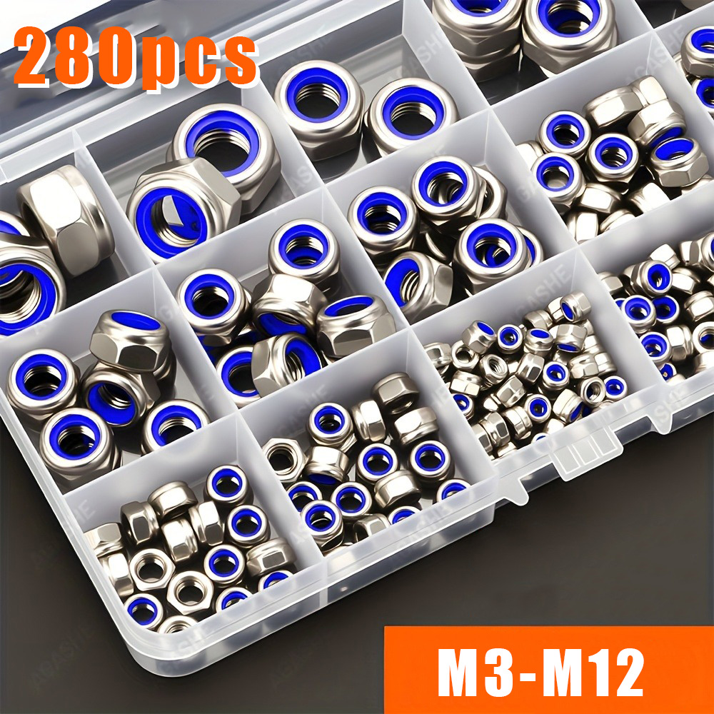 280 piezas de tuercas autoblocantes antideslizantes de nailon y acero inoxidable M3-M12, tuercas con incrustaciones de nailon, tapas hexagonales para tornillos