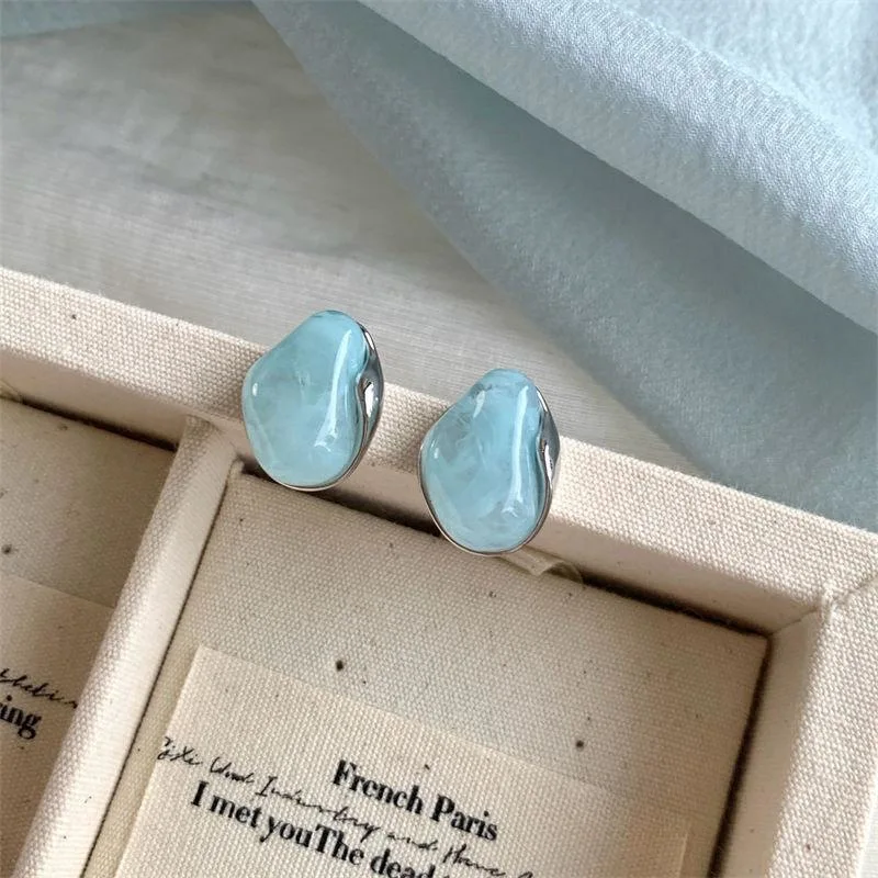 Irregular Smudging Resin Blue Jelly Ice Cute Geometric Bean Stud Earrings for Women Unique Design Party Jewelry Christmas Gift