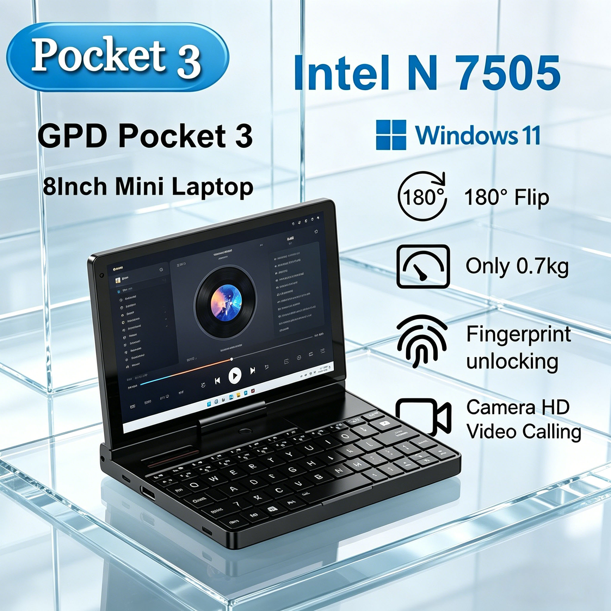 Mini Laptop Boost Dynamic GPD Pocket 3 de 8 Pulgadas, Intel Gold 7505, Notebook con 16GB, 512GB SSD Modular, Dispositivo Portátil con Todas las Funciones, Windows 11