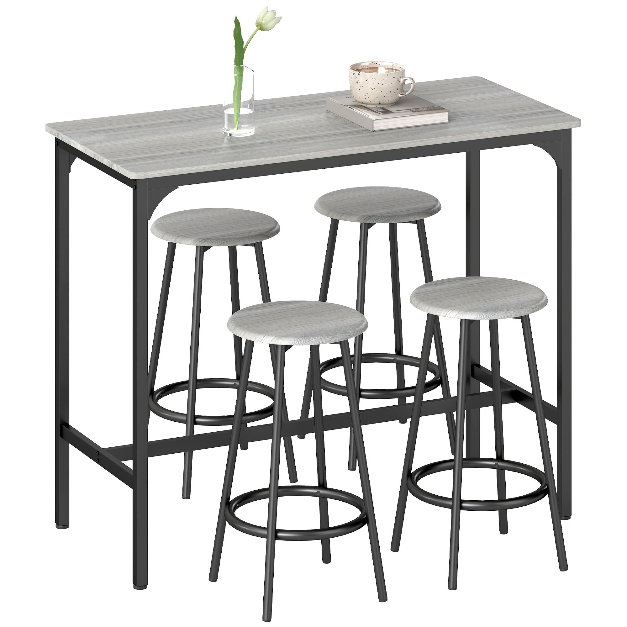 HOMCOM Set de Bar und 4 Taburetes Estilo Industrial Metal für Cocina Salon Gris und Negro
