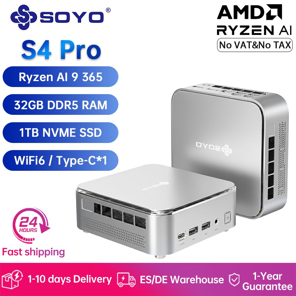 Mini PC SOYO S4 Pro AMD Ryzen Ai 9 365 10-rdzeniowy procesor 32GB DDR5 1TB PCIE3.0 SSD 4K@120Hz WiFi6 BT5.2 Win11Pro Mini Komputer do Gier