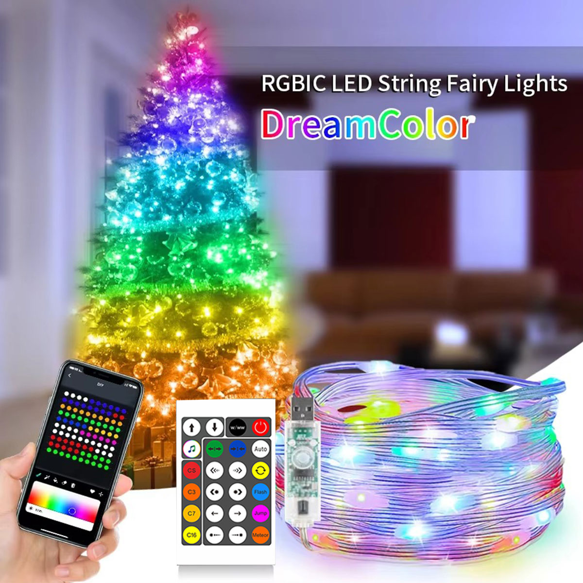 WS2812B Bluetooth LED guirlandes lumineuses USB 5V Dreamcolor RGBIC adressable fête lumières de noël décoration de mariage guirlande féerique