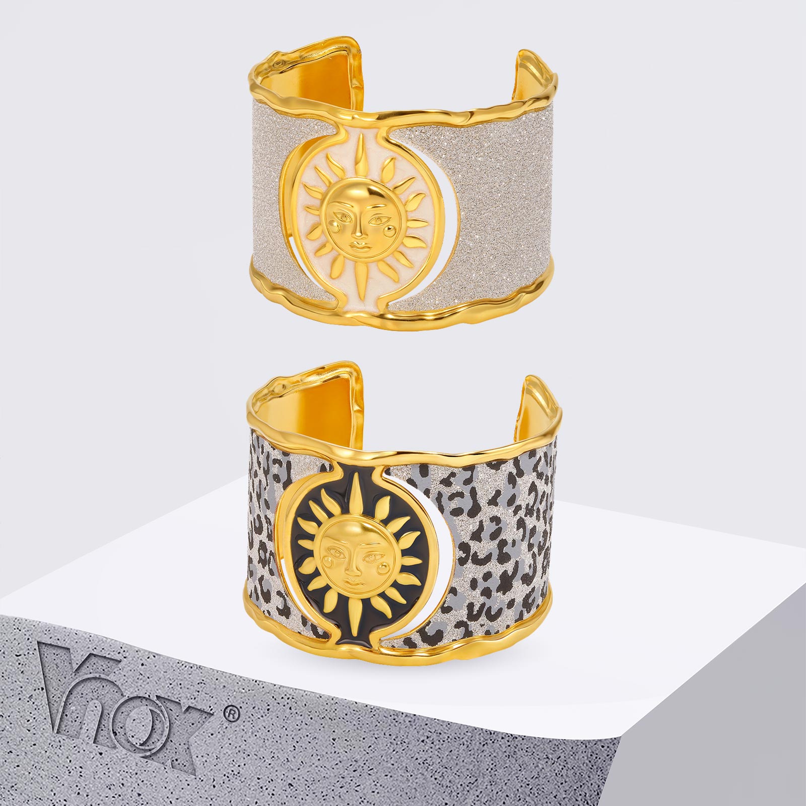 Vnox Personalize Gold Color Plated Sun Cuff Bangle, Open Stainless Steel Wide Bracelet, Party Jewelry Gift for Women Gril Her