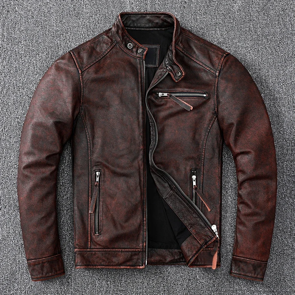 Vintage brauner Mantel klassischer Biker-Stil kurze schlanke echte Lederjacke Männer lässig Ledermantel asiatische Größe 6xl Herbst Großhandel