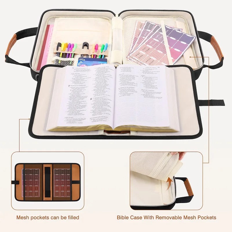 Bijbelkoffer met houder, Bijbelhoes voor dames, Grote Bijbeltas met schouderband, Leren Bijbelstudieentas, Christelijke geschenken