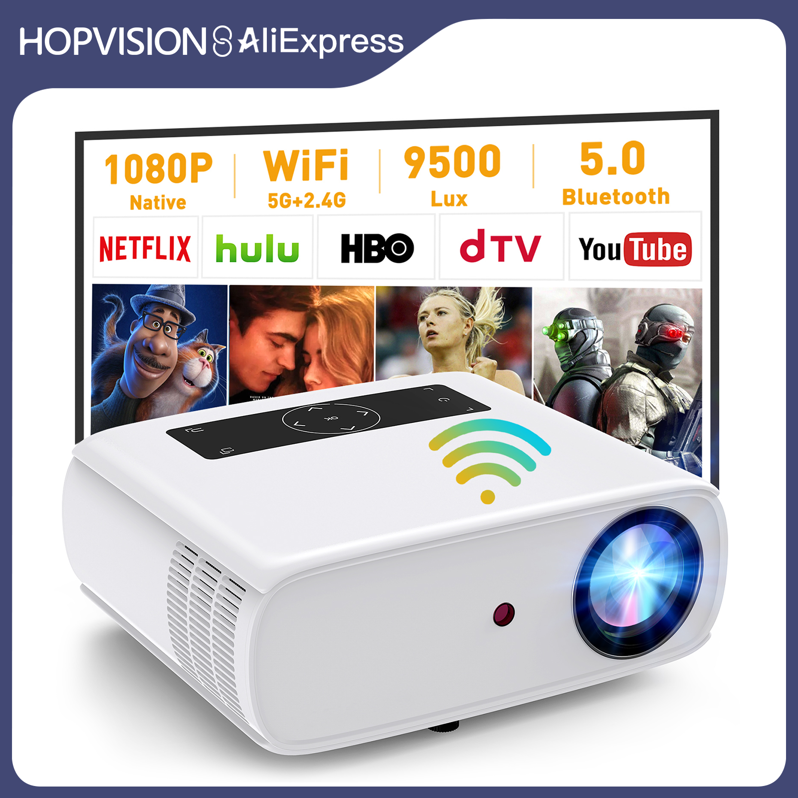 Projektor HOPVISION, natywny projektor Full HD 1080P, 150 000 godzin obsługuje wyświetlacz 4K 350 cali Projektor multimedialny