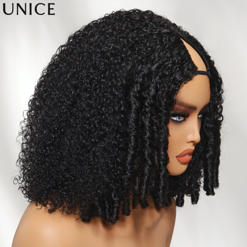 Wig Afro Kinky Curly V Part UNice dengan ujung Finger Coil & Drawstring, kepadatan 180%, minimal tanpa lace, 100% rambut manusia.