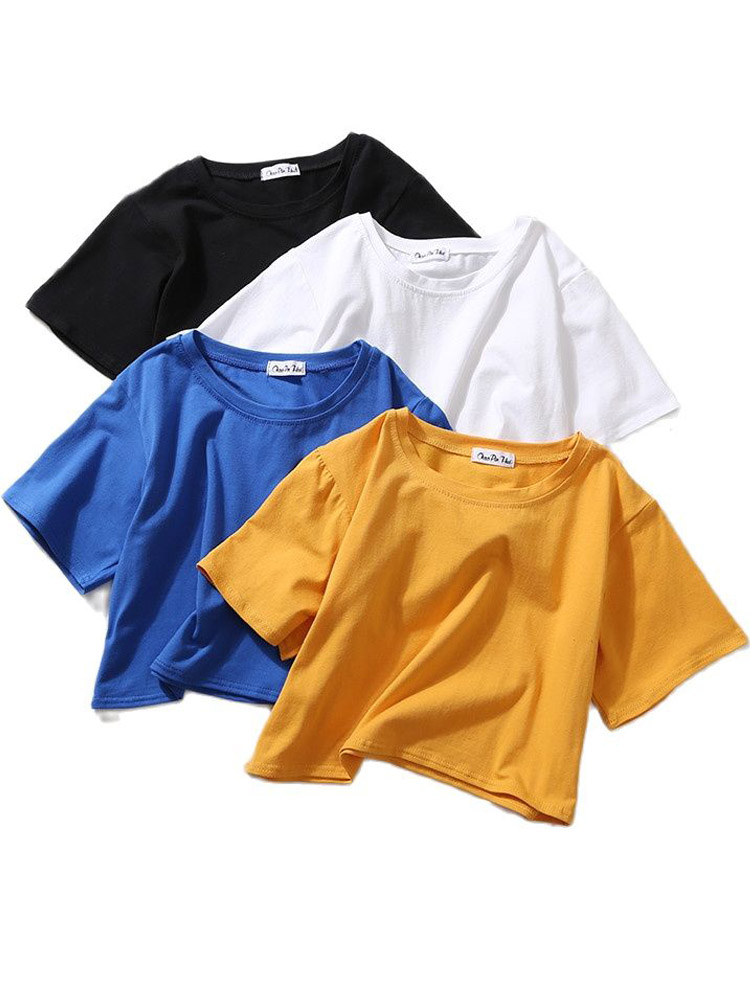 Sommer Kurzarm T Shirts Frauen Solide T-shirt O Hals Hohe Taille Crop Top T Weibliche Beiläufige Lose T Shirt
