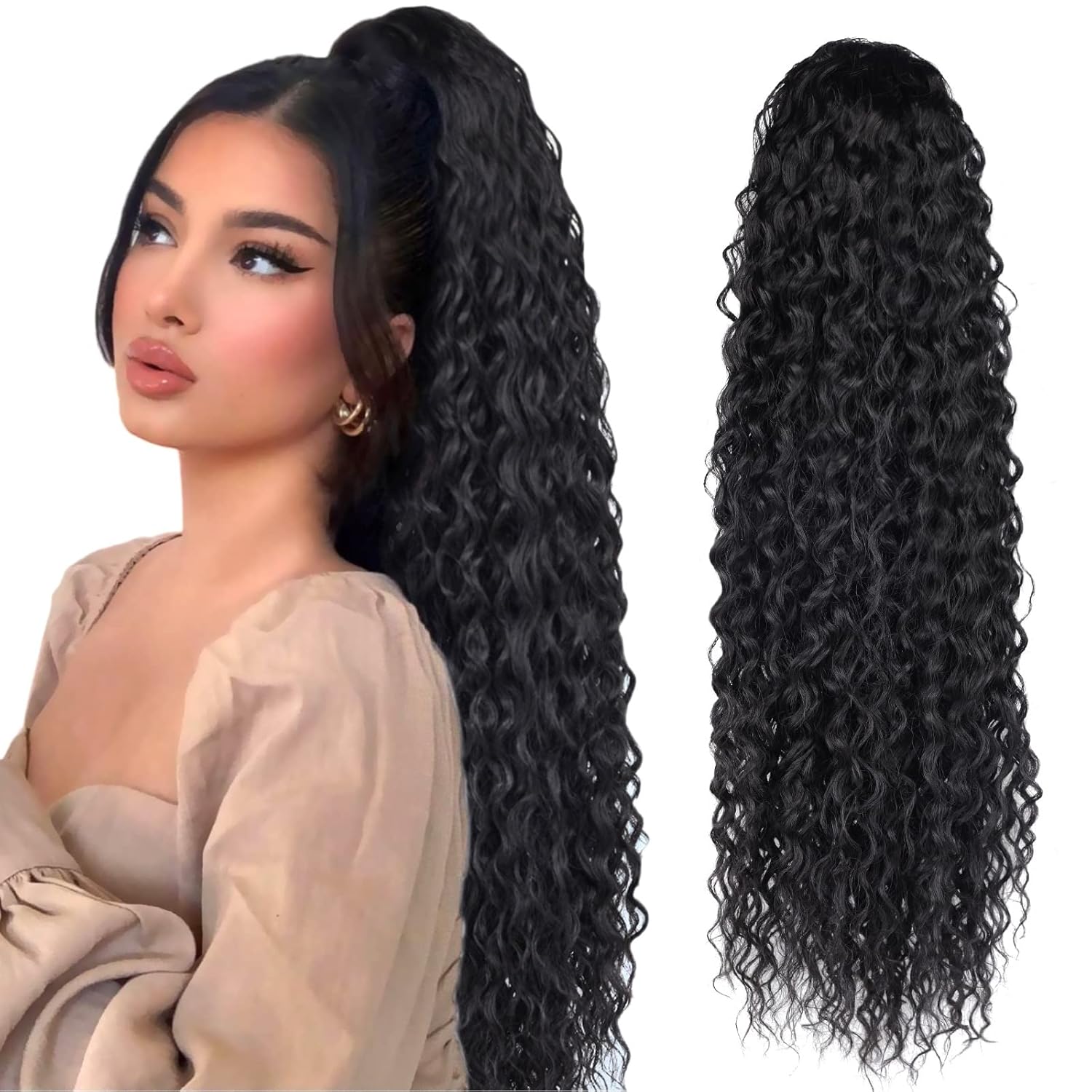 วิกผมสังเคราะห์ 24 นิ้วยาวลอนคลื่น Drawstring ผมหางม้า Hairpieces Extension ทนความร้อนคลิปสําหรับหญิงสาว