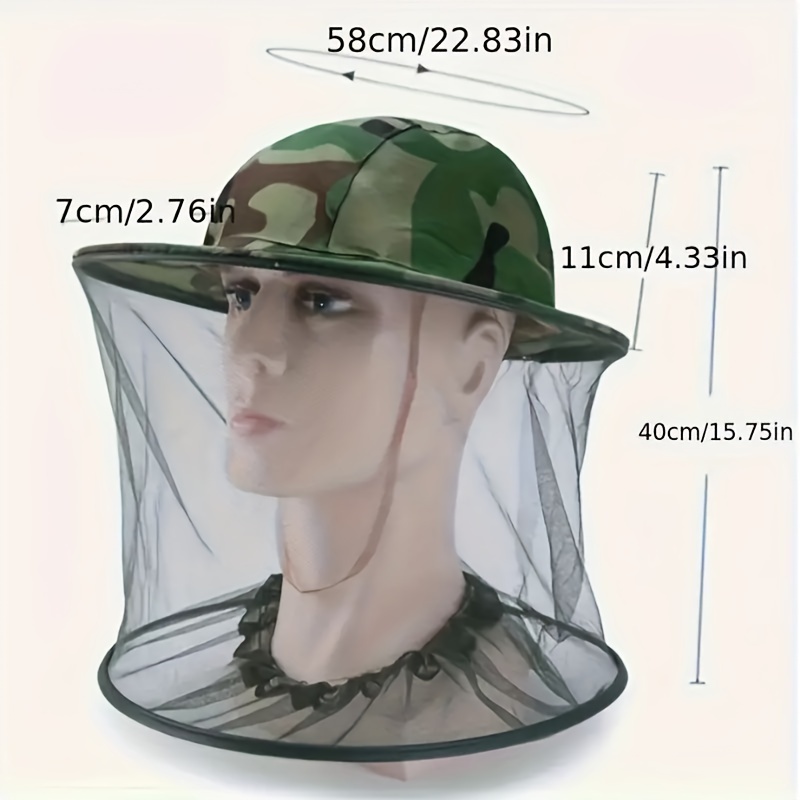 Boné repelente de mosquitos camuflado ajustável com cobertura de malha para rosto e pescoço – material EVA, lavável à máquina