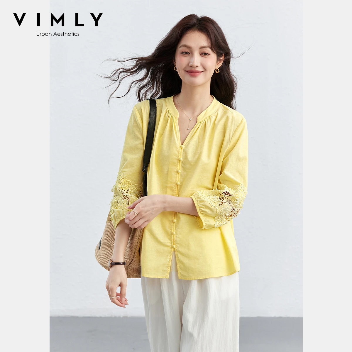 Blusa VIMLY para Mujer, Amarilla, Primavera-Otoño 2026, Estilo Francés Elegante, Cuello Alto, Apliques, Manga 3/4, Casual, Diaria, A5066