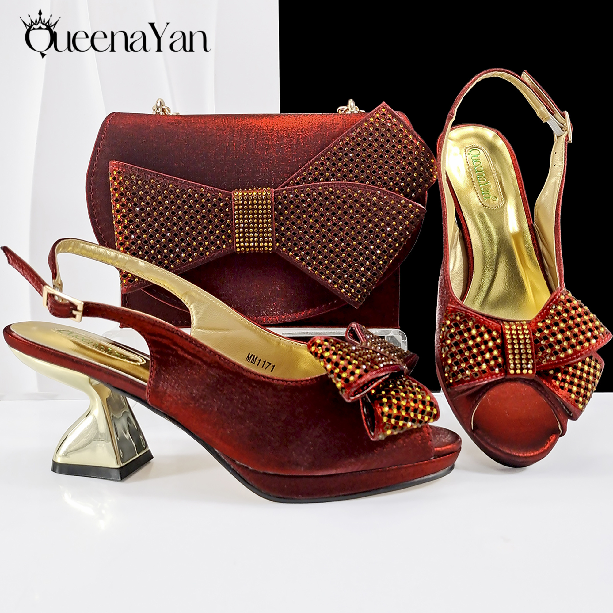 Queena Yan elegante dames hoge hakken voor peeptoe, goede kwaliteit, strass, wijnkleurige sandalen, Italiaans design, schoenen en bijpassende tassen.