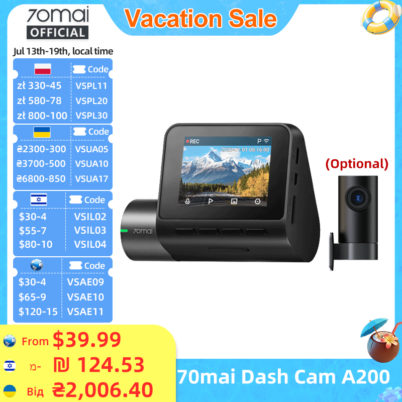 Глобальная версия 70mai Dash Cam A200: двухканальная запись 1080P HDR, 2-дюймовый IPS-экран, 24-часовой мониторинг парковки, автомобильный видеорегистратор 70mai A200 с Wi-Fi и управлением через приложение, угол обзора 130° °   FOV