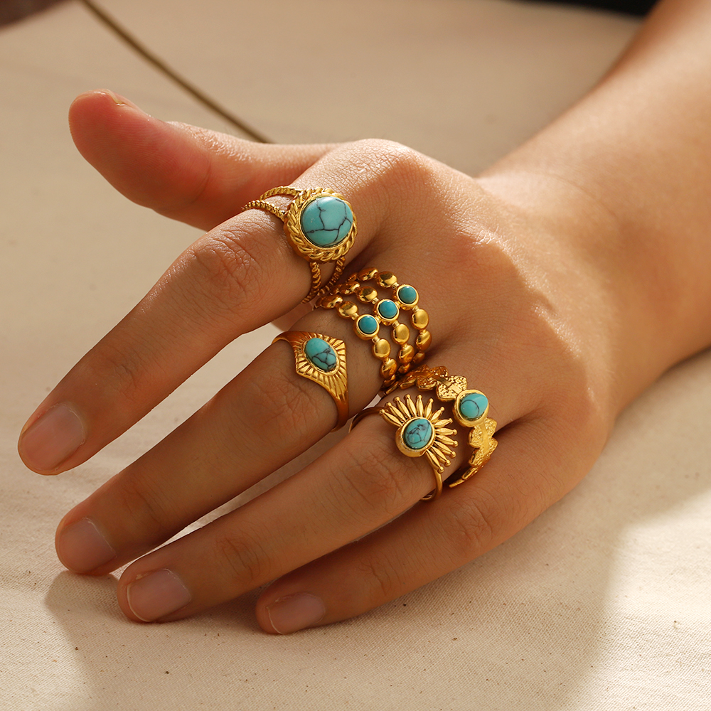 18k Gold Plated Turquoise Swirl Marks เปิดกว้างแหวนสแตนเลสสําหรับเครื่องประดับสตรี