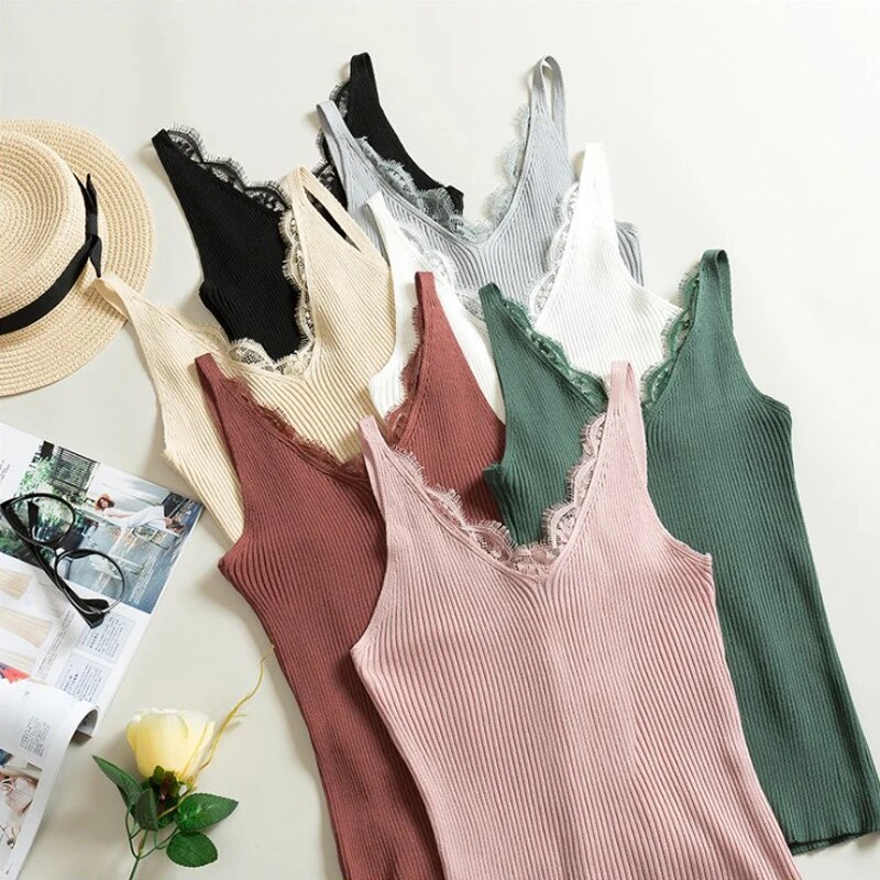 1Pc 女性のベストレーストップ V ネックソリッドニットタンクレディースノースリーブファッションレースパッチワークスリムセクシーなサスペンダー夏