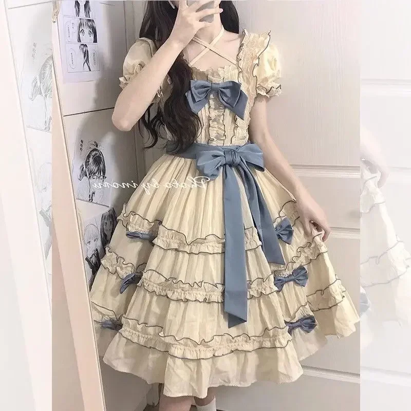 MAGOGO Französisch Süße Bogen Rüschen Vintage Kleid Frauen Lolita Elegante Kurzarm Kleider Licht Luxus Sommer Kleid Frauen Vestidos