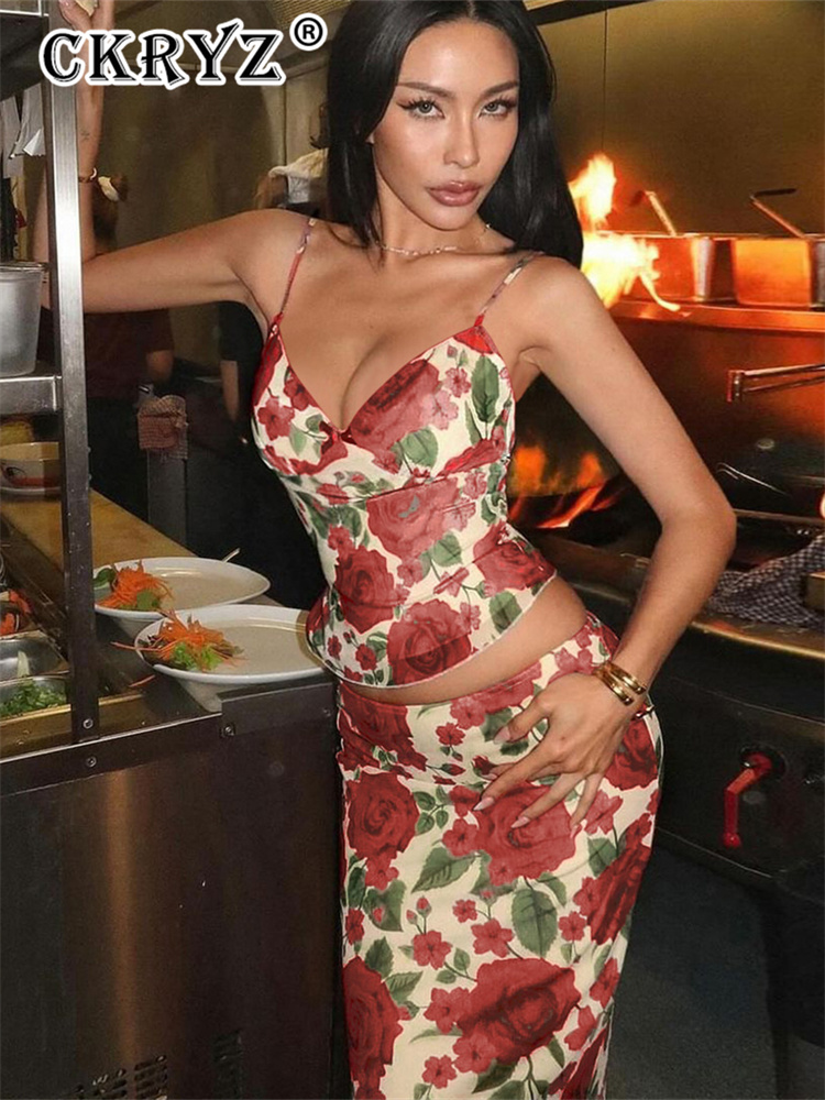 Conjunto de 2 piezas con estampado Floral para mujer, Top sin mangas con espalda descubierta para vacaciones en la playa, faldas largas, conjuntos a juego para cumpleaños