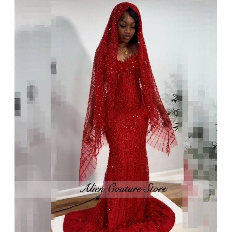 Luxury Red Prom Dresses With Veil 2026 Sequin Beading Black Girls Evening Dress Sleeveless Birthday Party Gowns Customized