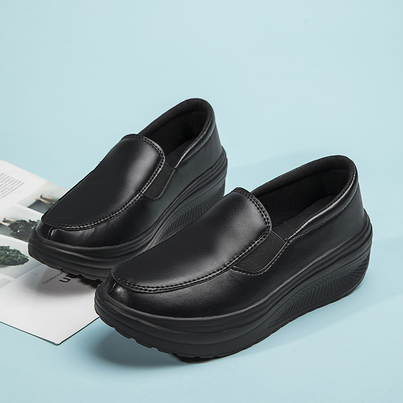 รองเท้าผู้หญิงฤดูใบไม้ผลิของแท้นุ่มหนัง Outsole รองเท้าทำงานสีดำหญิงรองเท้าเต้นรำผู้หญิง Plus ขนาด Wedges รองเท้าเดี่ยว