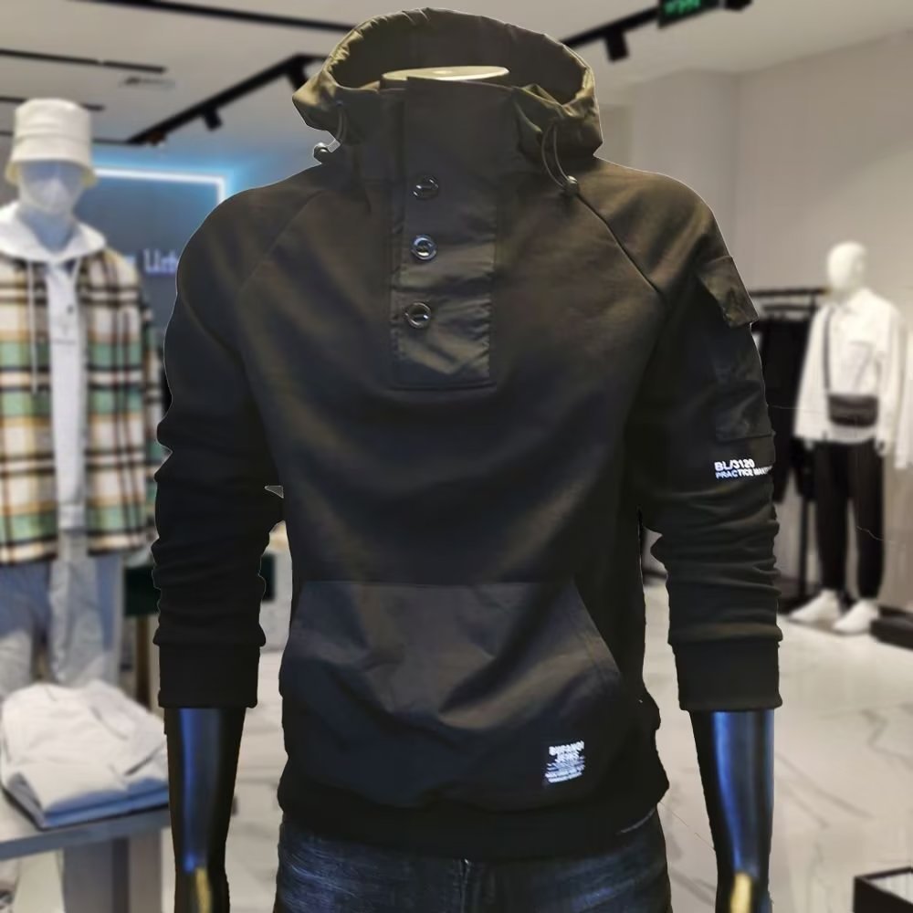 Y2K Techwearฤดูใบไม้ร่วงใหม่ปุ่มHoodedผู้ชายTracksuit Cotton Cargo Hoodieแฟชั่นMens Streetwearกระเป๋าPatchworkสีดําHoodies