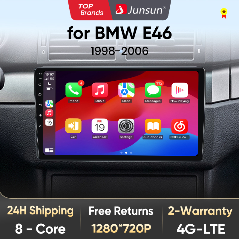 Junsun Bezprzewodowe radio CarPlay AndroidAuto do BMW E46 M3 318/320/325/330/335 1998-2006 4G Samochodowe inteligentne systemy 2Din Autoradio