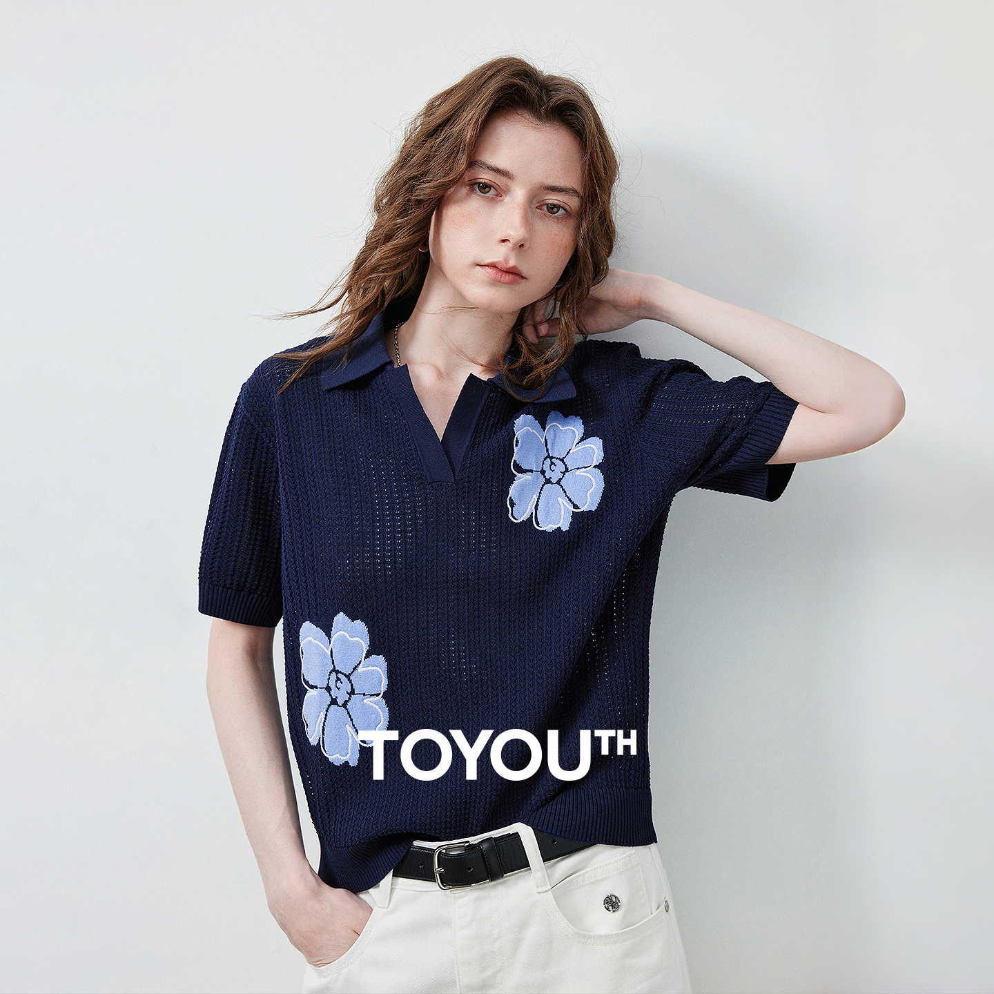 TOYOUTH Blusa Feminina de Tricô 2026 Nova Coleção Verão, Polo Vazada com Tricô Trançado, Estampa Floral Poética de Montanha, Pulôver de Seda Gelada