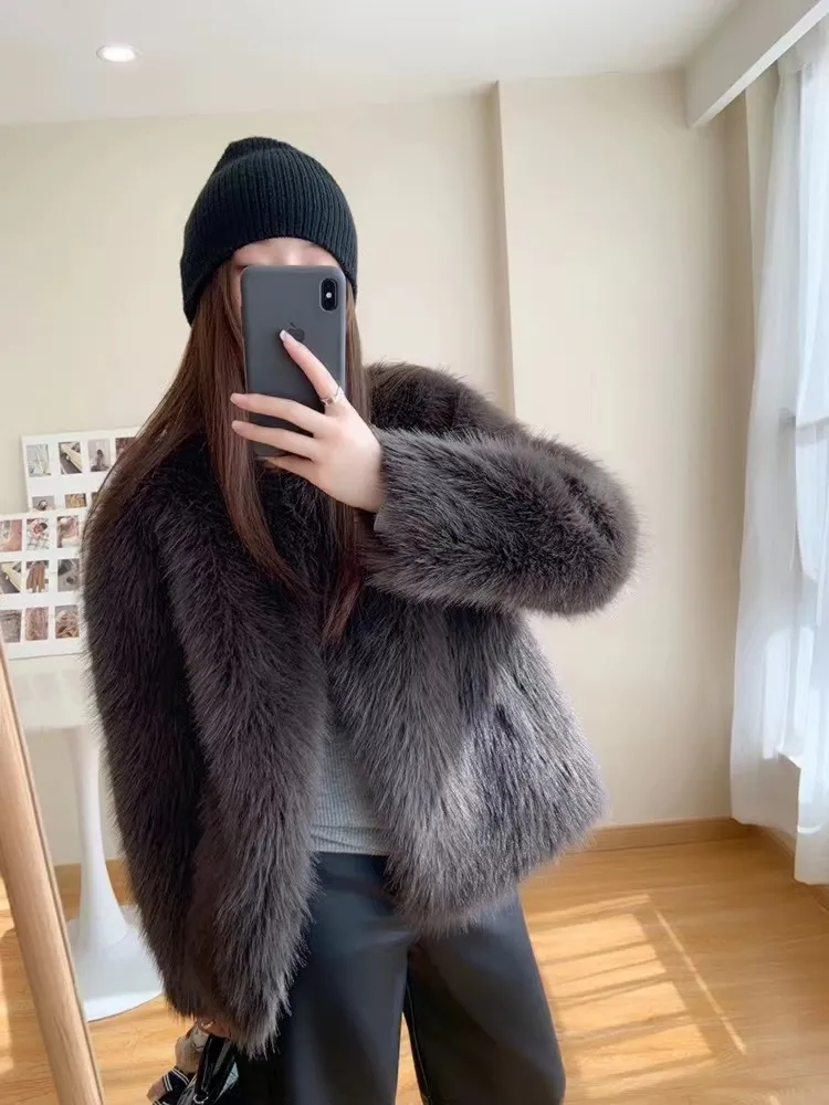 Winterjas Nieuwe harige jas Dameskleding Slank bont Eén imitatie Vossenbontjas V-hals Hoogwaardige losse casual top Dames