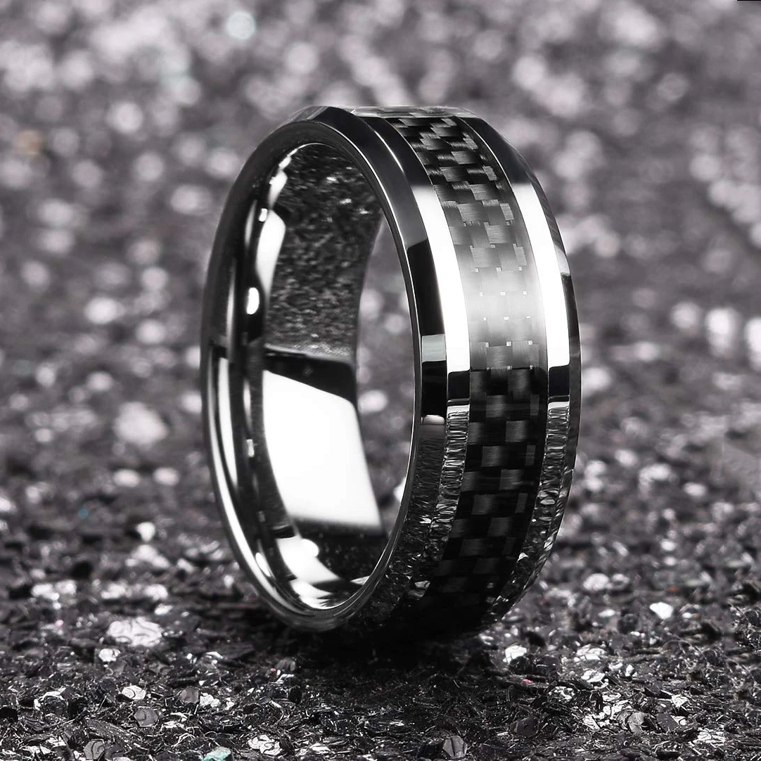 Vintage Silber Farbe Titan Edelstahl Ringe für Männer Schwarz Carbon Faser Ring Hochzeit Schmuck Weihnachten Geschenk Zubehör