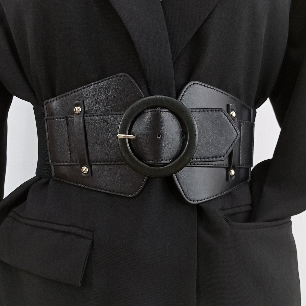 Faja elástica ancha para mujer, cinturón de vestir de talla grande, color negro, a la moda