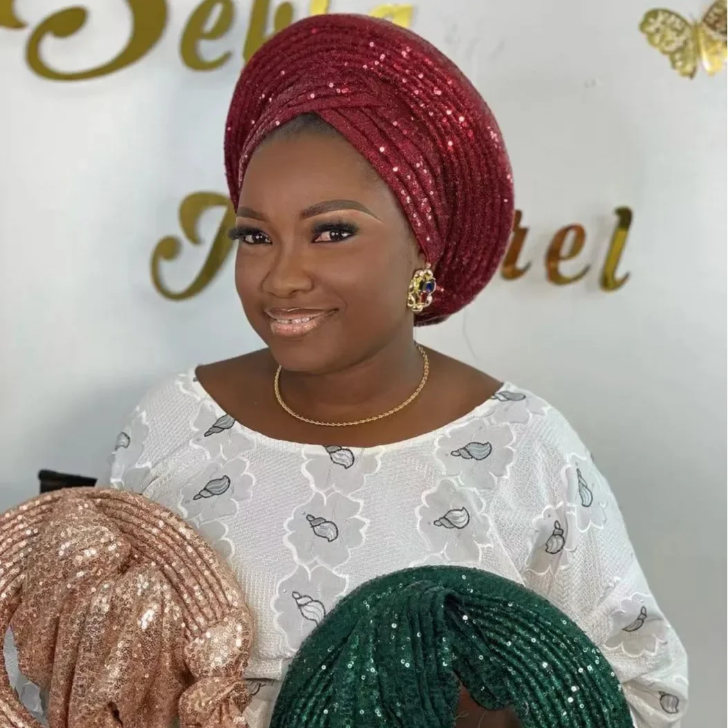 Nueva gorra de turbante de lentejuelas para mujer lista para usar tocado de Gele africano para coche Nigeria boda Geles envoltura para la cabeza femenina tocado Hijab
