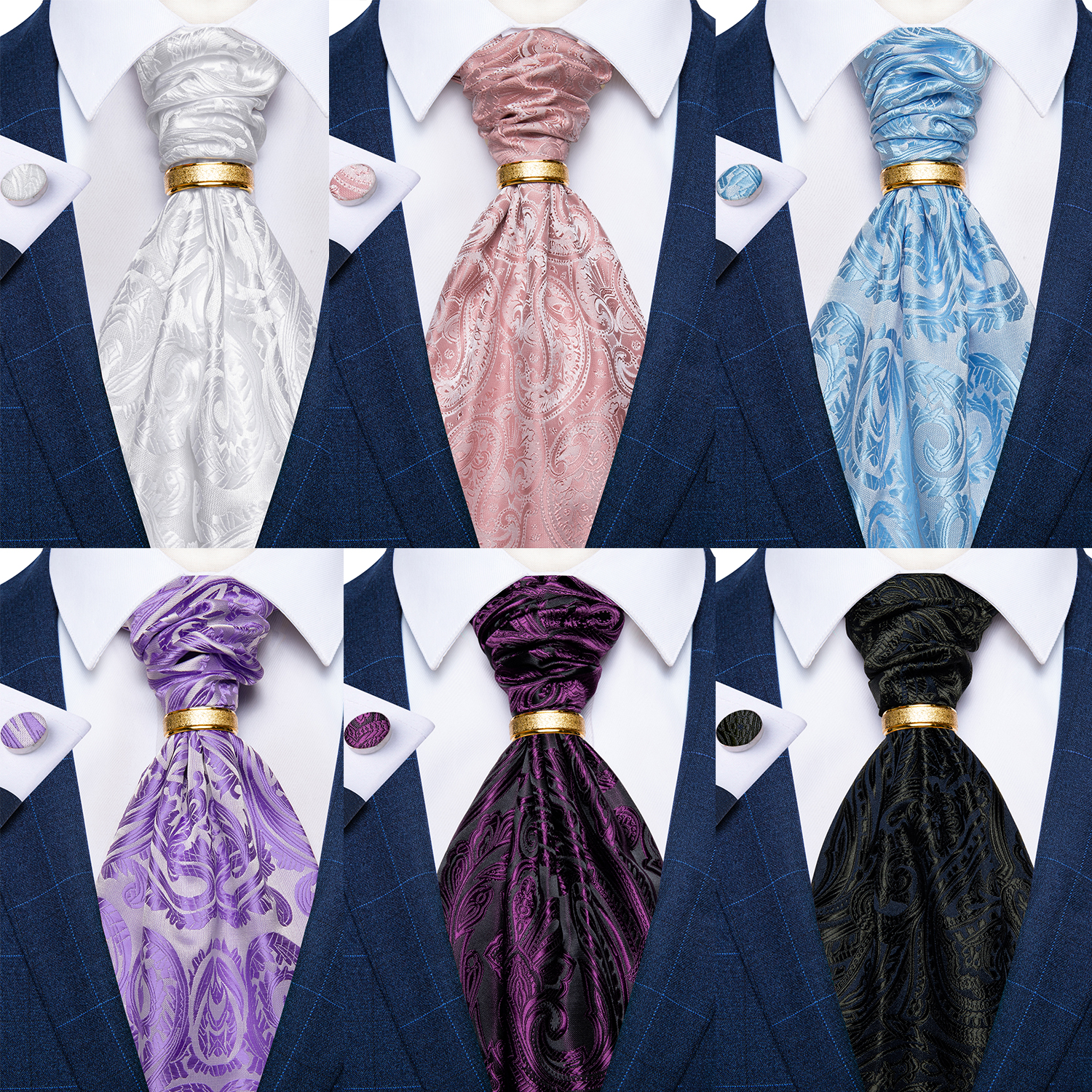 Mannen Luxe Roze Zwart Paisley Ascot Stropdas Set Wedding Party Das Groene Banden Pocket Sqaure Manchetknopen Effen Stropdas Ring Sets gift
