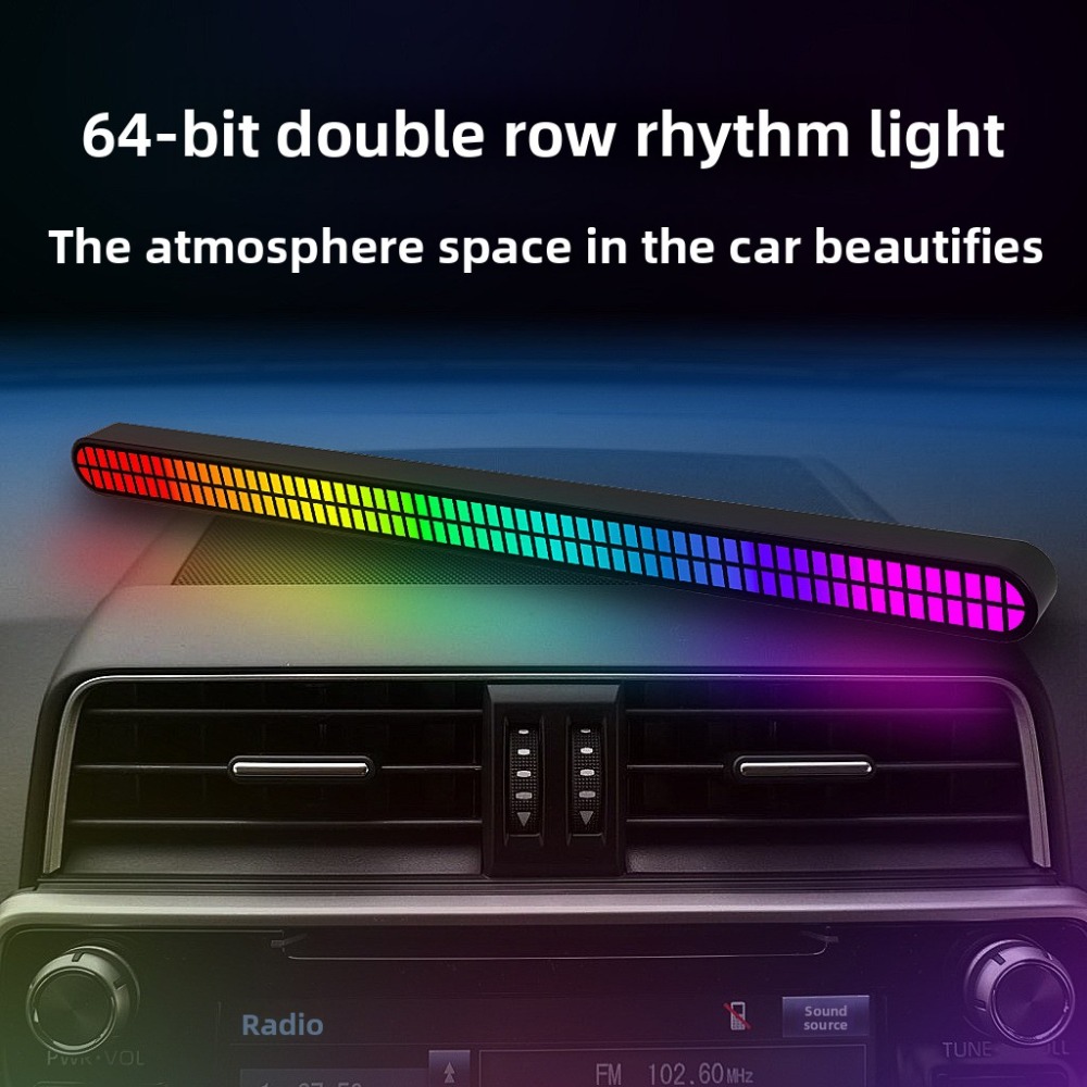 Barra LED de recogida RGB de doble fila de 30CM y 64 bits, luz controlada por voz, luz de ritmo musical magnética recargable, iluminación de ambiente para coche