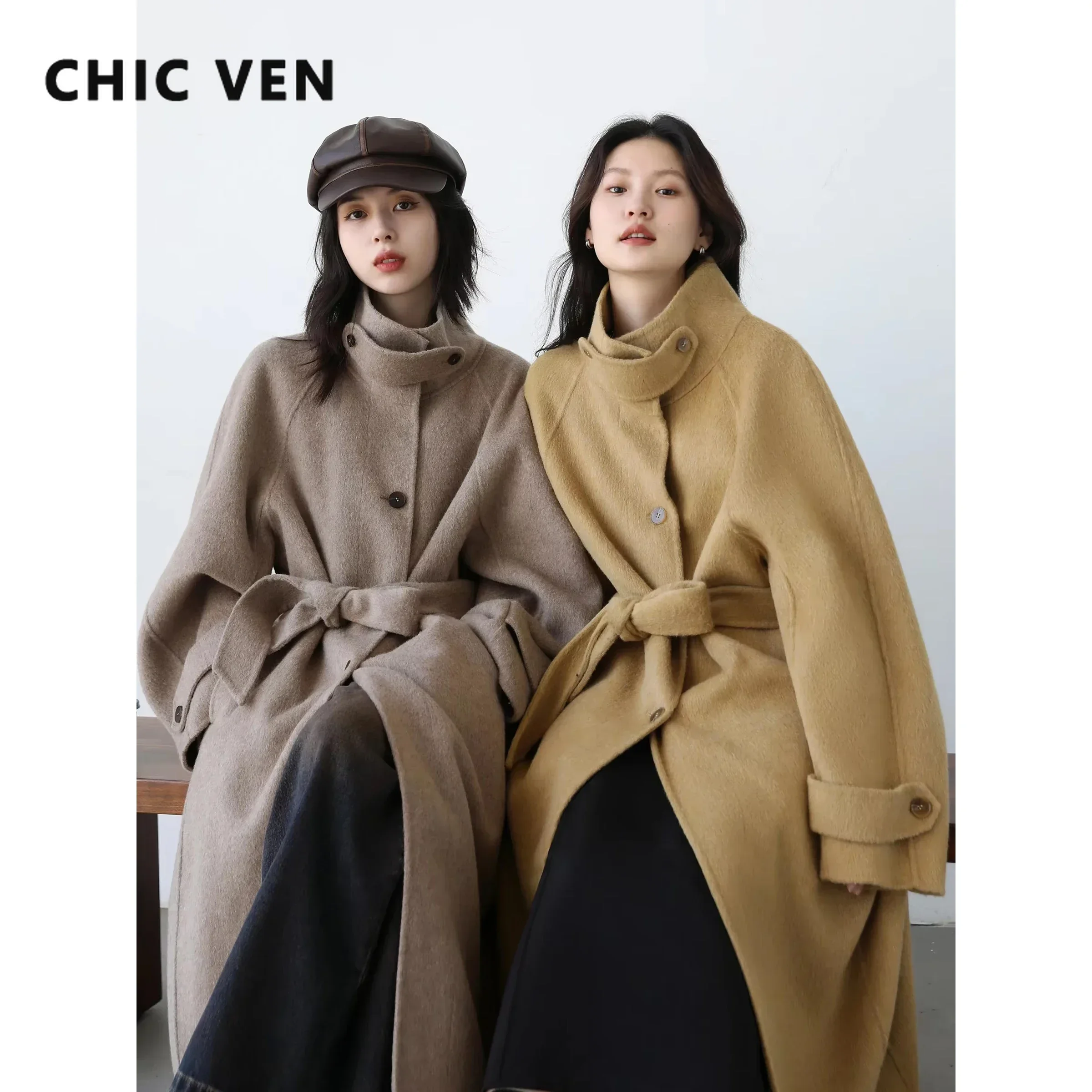 CHIC VEN корейское женское шерстяное пальто однобортное свободное пальто с воротником-стойкой и поясом длинное двустороннее женское пальто осень-зима 2024