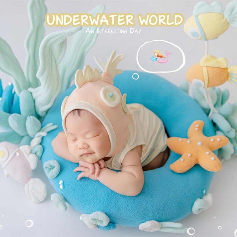 ❤️ Neugeborenen Fotografie Kleidung Outfits Hut + Overall + Kreis + Algen + Koralle + Fisch + Seestern Studio Baby Foto Requisiten Zubehör