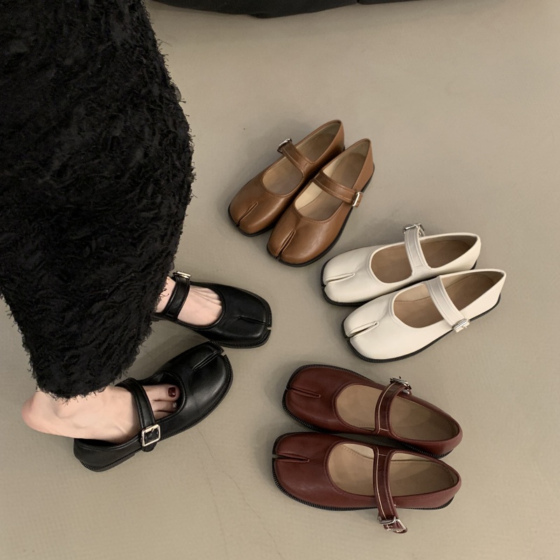 Bailamos-zapatos de Punta dividida para mujer, sandalias Retro de punta cuadrada, planas, de boca poco profunda, informales, sin cordones