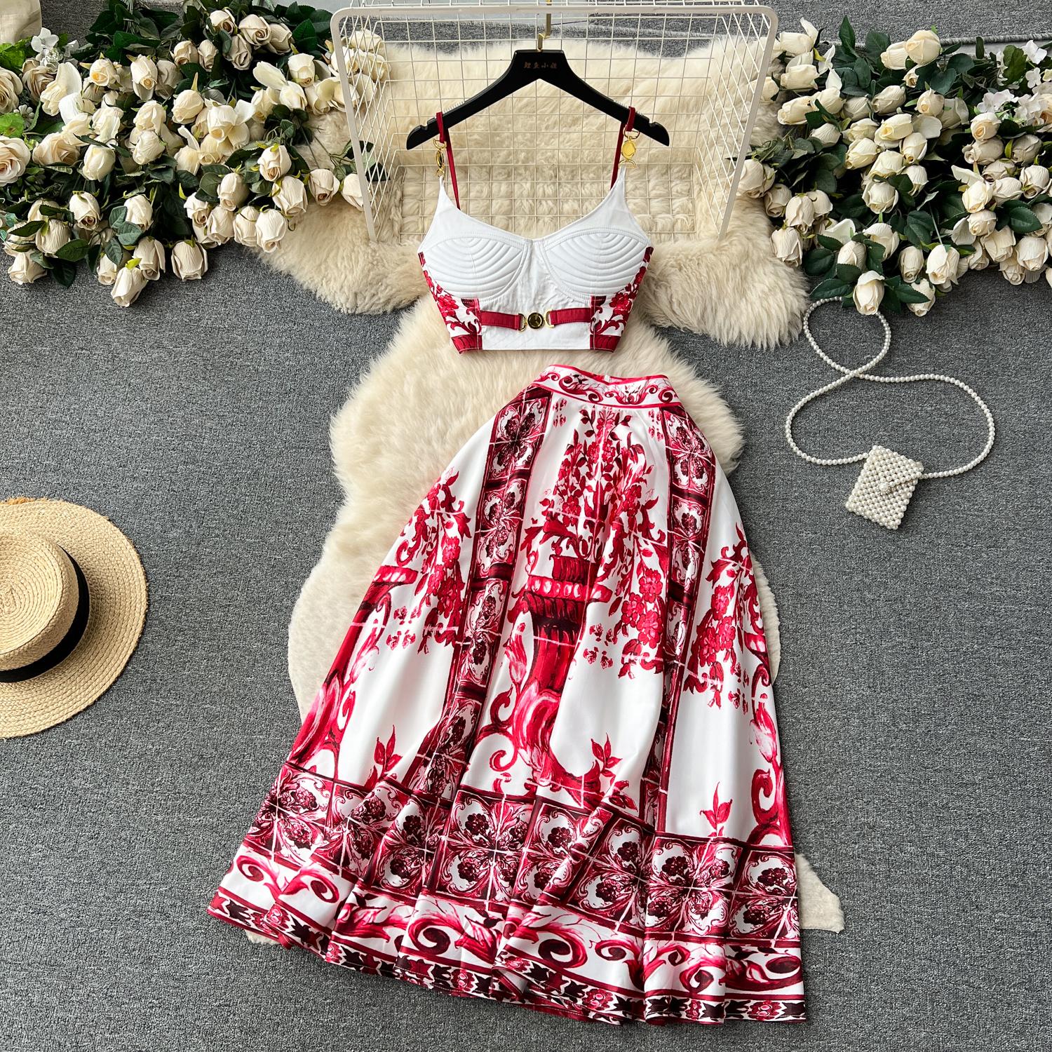 Summer Holiday Set di due pezzi in porcellana rossa blu e bianca da donna con spalline imbottite con cerniera a tazza top corti + abiti con gonna lunga