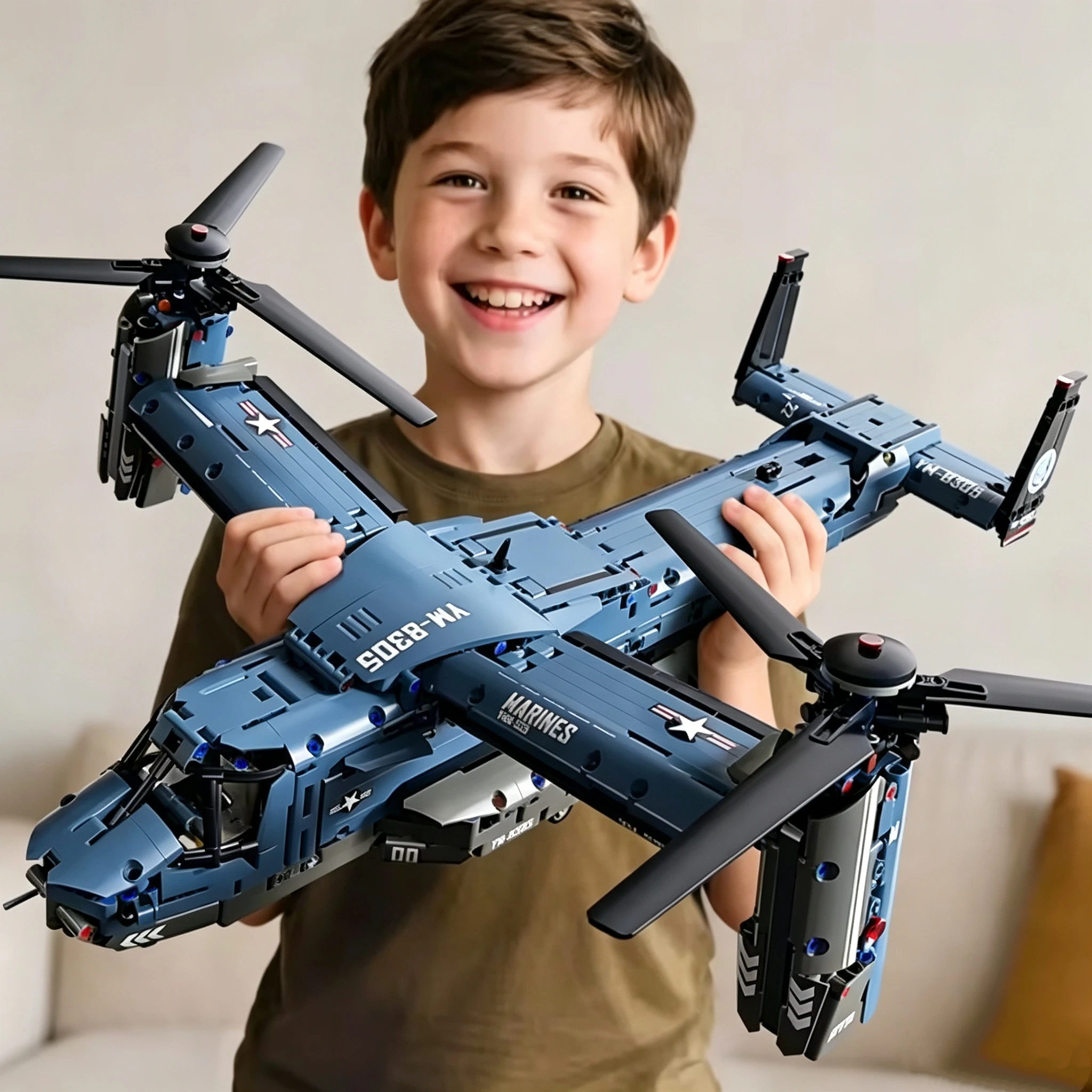 Set Blok Bangunan Pesawat Tiltrotor V-22 Osprey Militer, Model Pesawat Simulasi Tinggi dengan Propeller, Blok Bangunan DIY