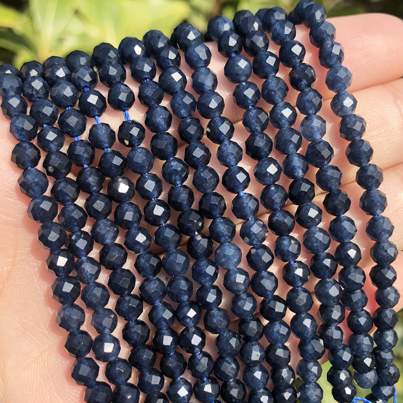 Saphir bleu naturel rond à facettes, petites perles d'espacement amples, breloques de boucle d'oreille pour la fabrication de bijoux, 15 pouces, 2/3/4mm