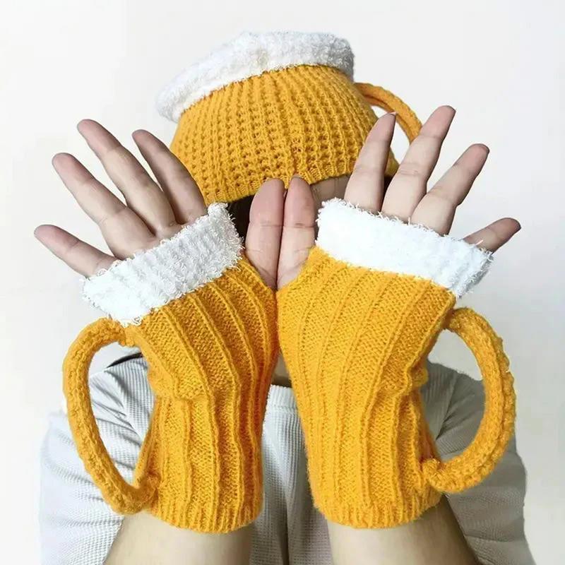 Gebreide winterhandschoenen Sokken Grappige 3D-biermok Gebreide handschoen Winter moet gehaakte biermokpet hebben voor dames Heren Meisjes voor daten