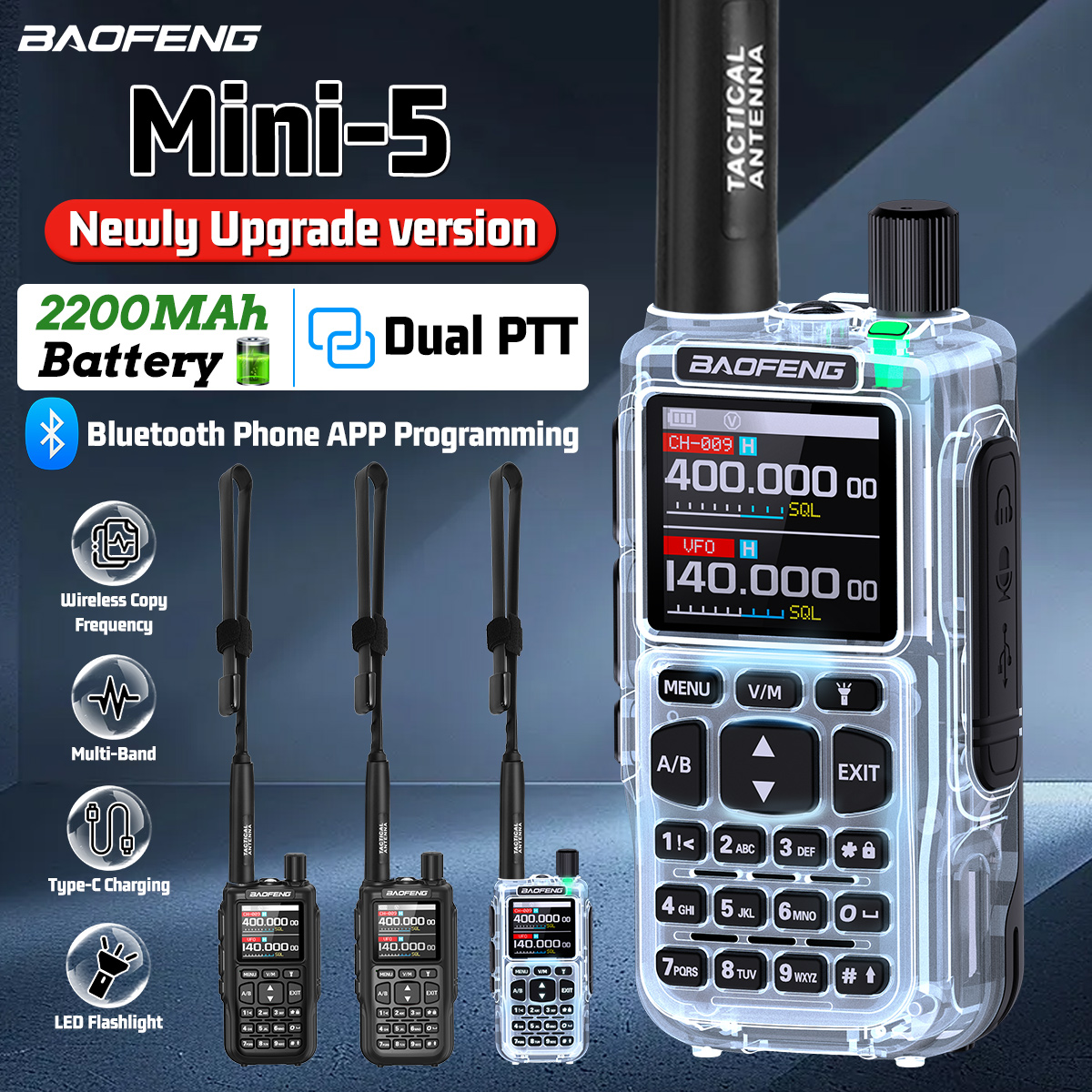 BAOFENG Mini 5 Walkie Talkie Aggiornato UV-5R Mini AM/FM Multibanda Batteria 2200mAh Programmazione Bluetooth Caricatore Type-C Radio Amatoriale