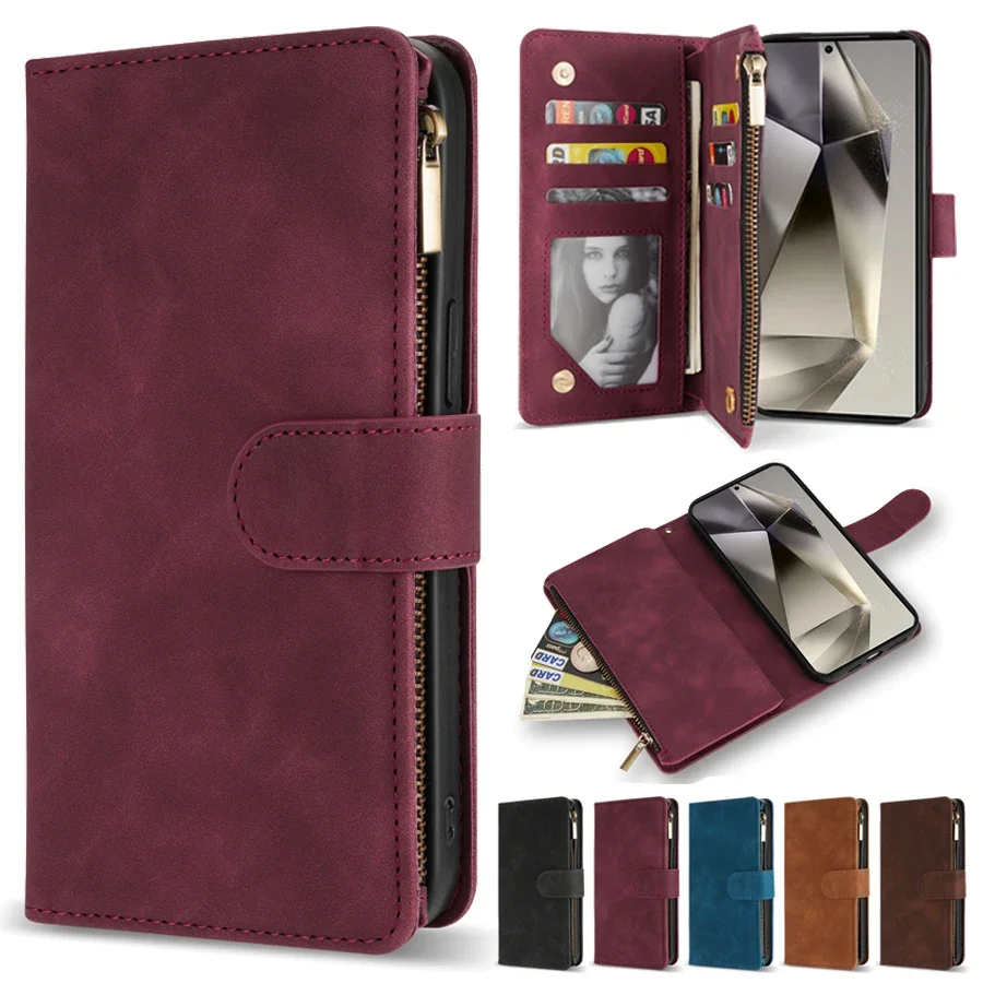 Portfel Etui Skórzane z Zamkiem Błyskawicznym i Magnetycznym Zamknięciem na Karty do Samsung Galaxy S26 S25 FE S24 Plus S23 S22 Ultra A16 A17 A36 A37 A56 A57
