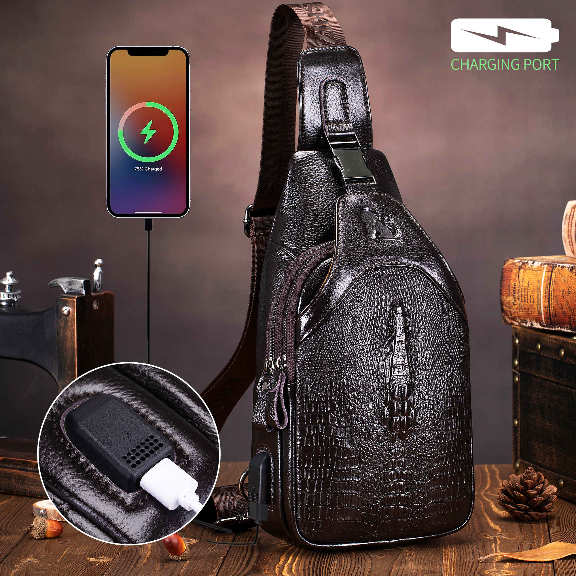 Leren borsttas voor heren, crossbodytas, multifunctionele tas met krokodillenmotief en schoudertas met USB-opladen