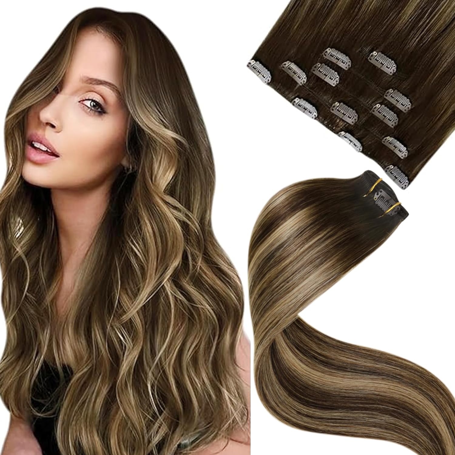 LaaVoo クリップインヘアエクステンション 100% 本物の人毛ナチュラルストレートリアルレミーダブル横糸クリップインエクステンション全頭 80 グラム & 105 グラム