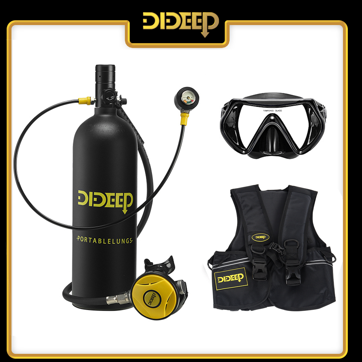 DIDEEP Set de Tanque de Buceo Mini de 2 Litros, Cilindro Inflable para Buceo de hasta 20-30 Minutos Bajo el Agua, Botella de Aire con Máscara de Buceo HD