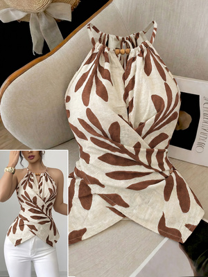 Damen-Freizeitweste mit überkreuzten Rückenriemen, Schulterfreie Weste mit Pflanzenmuster für Shopping, Urlaub, Strand, Reisen, Alltag, Freizeitkleidung