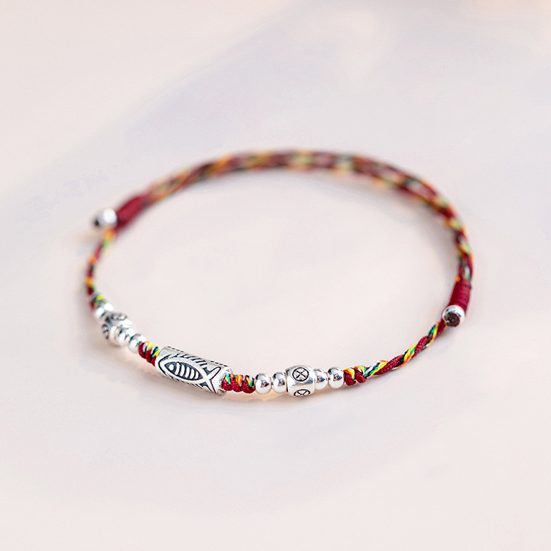 Fatto a mano Color argento Koi Fish Five Color Rope Lucky bracciali donna ragazze ricchezza salute braccialetti cavigliera regalo lunghezza regolabile