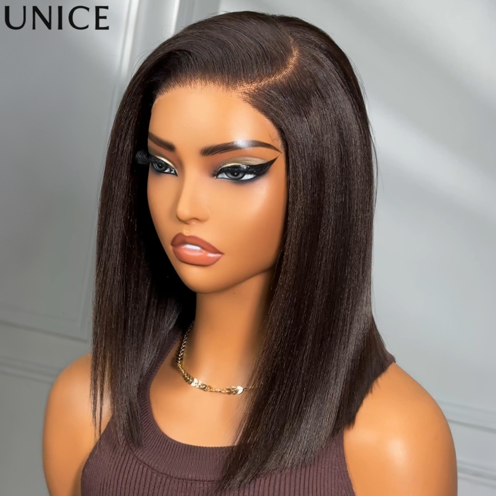 Peruca Bob Lisa Yaki Marrom Chocolate Escuro com Repartição Lateral UNice, Peruca de Cabelo Humano Sem Cola com Renda 7x5 e Corte Reto Sem Deslizamento